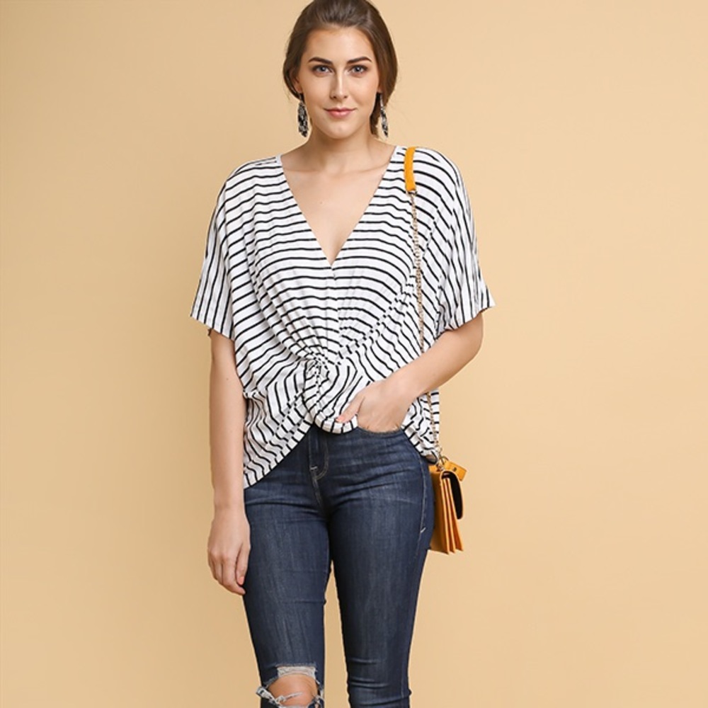 Striped V-Neck Top Black White